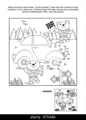 Collegare i puntini rompicapo e pagina di colorazione con il giocattolo auto classica e recare meccanica. risposta inclusa. Illustrazione Vettoriale