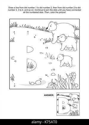 Educational collegare i puntini rompicapo e la colorazione di pagina - lettera b e orsi. risposta inclusa. Illustrazione Vettoriale