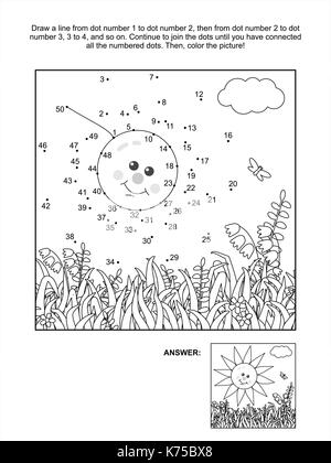 Collegare i puntini rompicapo e pagina di colorazione con Sun, erba e fiori. risposta inclusa. Illustrazione Vettoriale