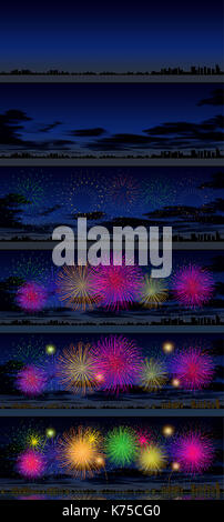 Illustrazione digitale processo in 6 fasi di un paesaggio notturno con fuochi d'artificio su una città riflessa nell'acqua Foto Stock