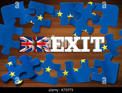 Brexit - interruzione di parola puzzle bandiera dell'Unione europea su sfondo di legno Foto Stock