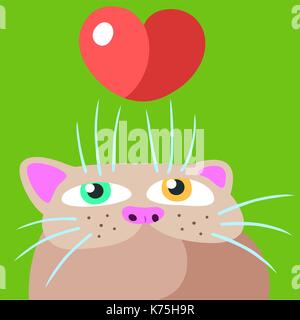 Gatto in amore. illustrazione vettoriale. Il giorno di San Valentino. funny cartoon cool carattere. Piatto disegno digitale simpatico personaggio. sfondo verde. allegro fur p Illustrazione Vettoriale