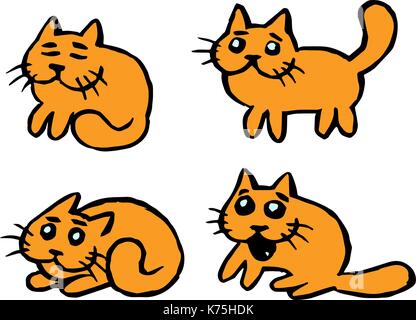 Orange gatti emoticon set. funny cartoon cool carattere. contorno a mano libera il disegno digitale carino gatti. bianco colore di sfondo. allegro raccolta pet f Illustrazione Vettoriale