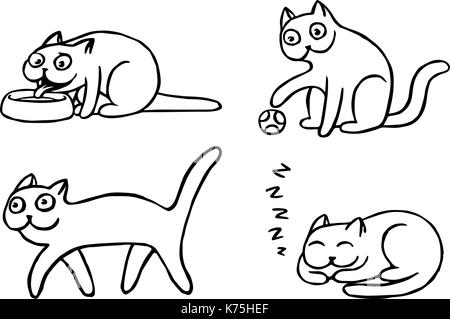 Pussycat emoticon set. funny cartoon cool carattere. contorno disegno digitale carino gatti. bianco colore di sfondo. allegro raccolta pet. vettore illus Illustrazione Vettoriale