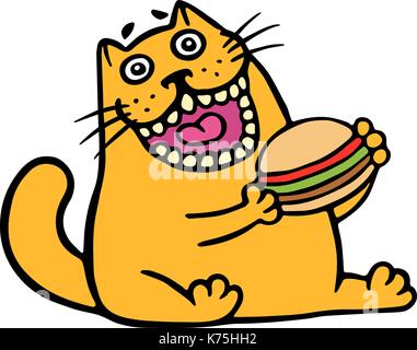 Cartoon orange cat è mangiare un hamburger. funny cool carattere. contorno a mano libera il disegno digitale cute cat. bianco colore di sfondo. allegro pet per noi Illustrazione Vettoriale