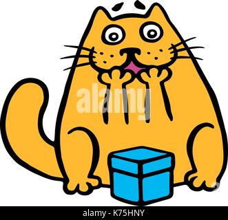Divertente gatto arancione gode il dono nella casella. illustrazione vettoriale. divertente personaggio immaginario. Illustrazione Vettoriale