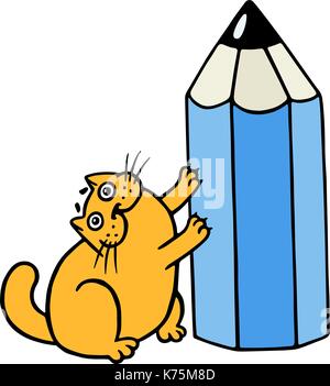 Carino orange fat cat abbracciando matita blu. funny cartoon cool carattere. allegro pet. illustrazione vettoriale. Illustrazione Vettoriale