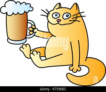 Gatto con un boccale di birra. divertente personaggio dei fumetti. Buona sera. colore arancione. isolato illustrazione vettoriale. Illustrazione Vettoriale