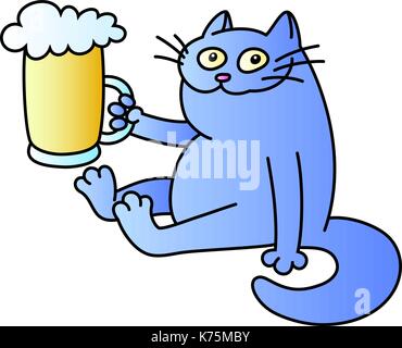 Gatto con un boccale di birra. divertente personaggio dei fumetti. Buona sera. colore blu. isolato illustrazione vettoriale. Illustrazione Vettoriale