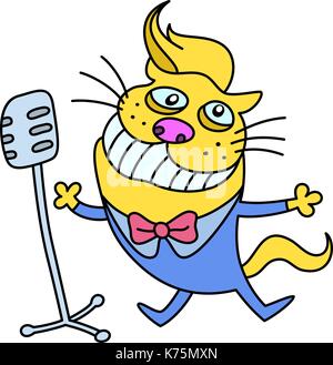 Funny cat cantare una canzone divertente personaggio dei fumetti. arancio e blu colori. isolato illustrazione vettoriale. Illustrazione Vettoriale