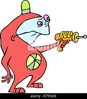 Spazio cartoon alien mira da il blaster in mano. illustrazione vettoriale. Cartoon carino carattere. Illustrazione Vettoriale