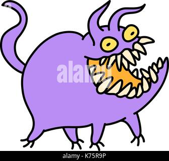 Cartoon carino monster sorrisi e corre. illustrazione vettoriale. funny emoticon raffreddare viola carattere. Illustrazione Vettoriale