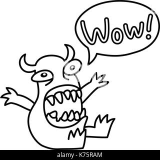 Wow! Cartoon monster urlando . discorso bolla. illustrazione vettoriale. divertente simpatico personaggio di emoticon. Illustrazione Vettoriale