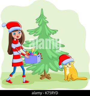 Ragazza con gatto decora l'albero di natale. illustrazione vettoriale. Buon Natale e felice anno nuovo ! Illustrazione Vettoriale
