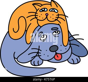 Funny cat posa sul cane. illustrazione vettoriale. Illustrazione Vettoriale