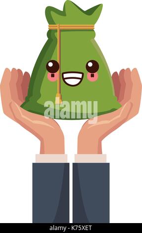 Mano con un sacchetto di denaro kawaii cartoon Illustrazione Vettoriale