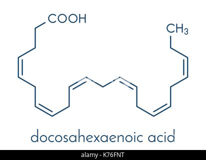 Acido docosaesaenoico (DHA, acido cervonic) molecola. polinsaturo acido grasso omega-3 presente nell'olio di pesce. formula scheletrico. Illustrazione Vettoriale