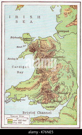 1914 - un vintage mappa colorata del Galles che mostra le posizioni di acquedotto (serbatoi) per Liverpool e Birmingham Foto Stock