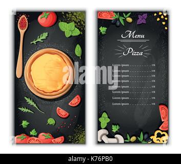 Menu pizza chalkboard cartoon sfondo con ingredienti freschi illustrazione vettoriale pizzeria flyer sfondo vettoriale. due banner verticale con ingred Illustrazione Vettoriale