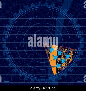 Blu sullo schermo radar di rilevare un gruppo di aerei militari volare in formazione nel corso di una città - immagine vettoriale Illustrazione Vettoriale