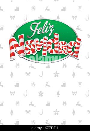 Feliz Navidad - Buon Natale in lingua spagnola - coperchio bianco di biglietto di auguri con archetti, le renne, doni e gli alberi in background Illustrazione Vettoriale