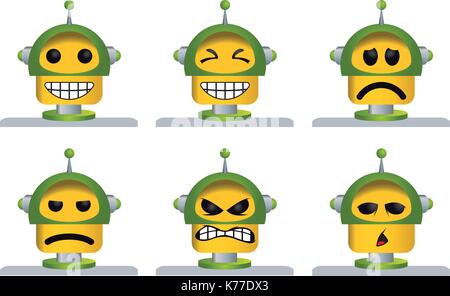 Set di sei giallo e verde facce robot, ridere, triste, arrabbiato e stanco - immagine vettoriale Illustrazione Vettoriale