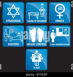 Set di icone mediche su sfondo quadrato blu - SINAGOGA, PRELIEVO DI CAMPIONI, UNISEX, VISITATORI, CONTROLLO DEL PESO, INTERPRETAZIONE DEI RAGGI X, RAGGI X. Illustrazione Vettoriale