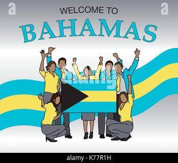 Benvenuti alle Bahamas. Gruppo di persone vestite con i colori della bandiera delle Bahamas, agitando con le mani e tenendo la bandiera - immagine vettoriale Illustrazione Vettoriale