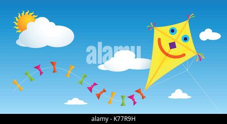 Carta gialla kite con la faccia felice e la coda con colorati fiocchi volare in un cielo blu con nuvole - immagine vettoriale Illustrazione Vettoriale