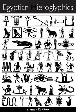 Set di geroglifici egiziani in colore nero su sfondo bianco Illustrazione Vettoriale