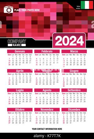 Utile calendario da parete 2024 con design di colori rosso mosaico. Formato A4 verticale. Dimensioni: 210mm x 297mm. Versione italiana - immagine vettoriale Illustrazione Vettoriale