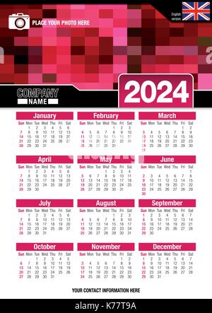 Utile calendario da parete 2024 con design di colori rosso mosaico. Formato A4 verticale. Dimensioni: 210mm x 297mm. Versione Inglese - immagine vettoriale Illustrazione Vettoriale