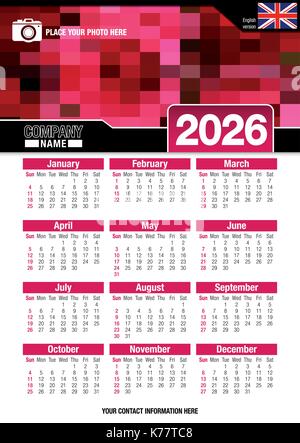 Utile calendario da parete 2026 con design di colori rosso mosaico. Formato A4 verticale. Dimensioni: 210mm x 297mm. Versione Inglese - immagine vettoriale Illustrazione Vettoriale
