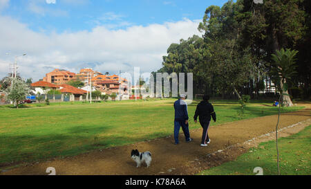 Coppia a piedi in un parco vicino al fiume Tomebamba nella zona moderna della città di Cuenca Foto Stock