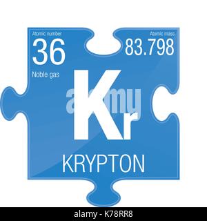 Cripton simbolo. Elemento numero 36 della tavola periodica degli elementi - Chimica - pezzo di puzzle con sfondo blu Illustrazione Vettoriale