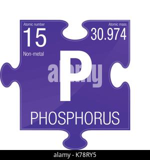 Simbolo di fosforo. Elemento numero 15 della tavola periodica degli elementi - Chimica - pezzo di puzzle con sfondo viola Illustrazione Vettoriale