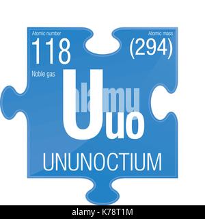 Simbolo Ununoctium. Elemento numero 118 della tavola periodica degli elementi - Chimica - pezzo di puzzle con sfondo blu Illustrazione Vettoriale