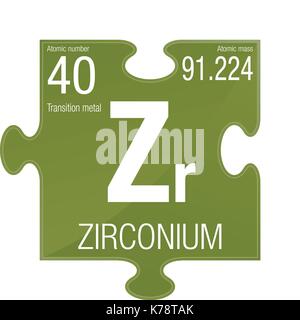Simbolo di zirconio. Elemento numero 40 della tavola periodica degli elementi - Chimica - pezzo di puzzle con sfondo verde Illustrazione Vettoriale