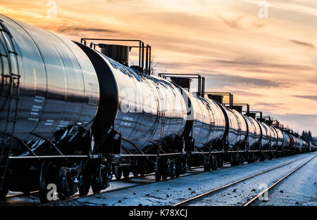 Shot questo treno tirando tutte queste petroliere una sera d'inverno, Foto Stock