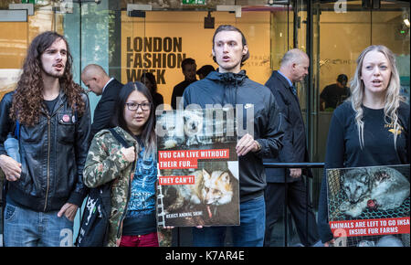 Londra, Regno Unito. Xv Sep, 2017. Anti-fur manifestanti fuori la London Fashion Week in The Strand, Londra Credito: Ian Davidson/Alamy Live News Foto Stock