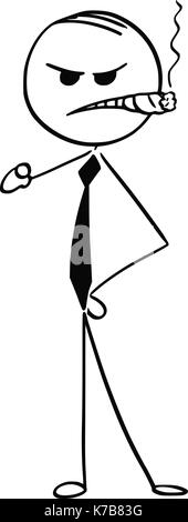 Cartoon stick uomo illustrazione di angry burbero uomo d affari imprenditore boss di fumare un buon sigaro e puntamento a mano. Illustrazione Vettoriale