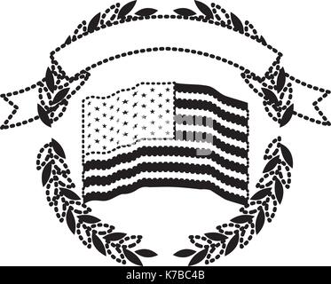 Stati Uniti bandiera all'interno del cerchio di rami di olivo con nastro sulla parte superiore in monocromatico silhouette punteggiata Illustrazione Vettoriale