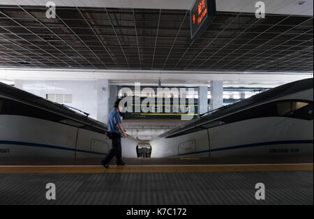 Lavoratore cinese di effettuare interventi di manutenzione verificare sul bullet in treno dalla stazione ferroviaria di Shanghai, Cina, Asia. con i moderni mezzi di trasporto, marcia veloce Foto Stock