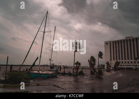 Abbandonare la barca a vela lavato fino a clear lake durante l uragano Harvey Foto Stock