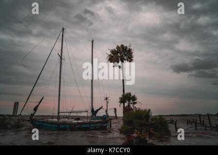 Abbandonare la barca a vela lavato fino a clear lake durante l uragano Harvey Foto Stock