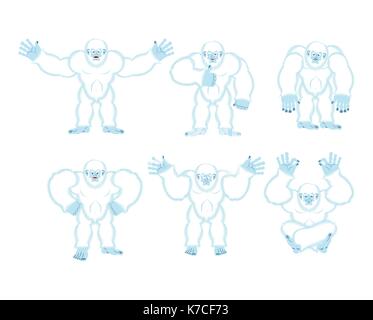 Yeti impostare pone e motion. bigfoot felice e yoga. abominevoli pupazzo dormendo e arrabbiato. monster colpevole e triste. illustrazione vettoriale Illustrazione Vettoriale