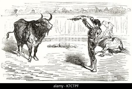 Vecchia immagine raffigurante banderillero contro bull nell'arena. Da Dore, publ. in Le Tour du Monde, Parigi, 1862 Foto Stock
