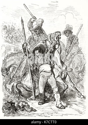 Vecchia illustrazione della corrida (feriti cavallo). Da Dore, publ. in Le Tour du Monde, Parigi, 1862 Foto Stock