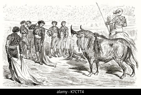 Vecchia illustrazione della corrida (Matador spada di puntamento). Da Dore, publ. in Le Tour du Monde, Parigi, 1862 Foto Stock