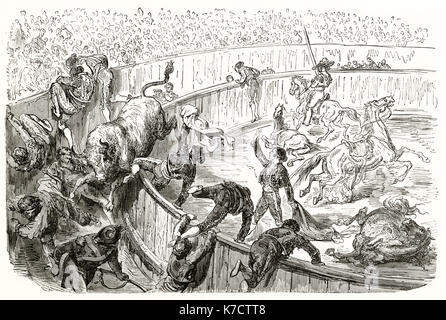 Vecchia illustrazione della corrida (bull salta sulla tribuna). Da Dore, publ. in Le Tour du Monde, Parigi, 1862 Foto Stock